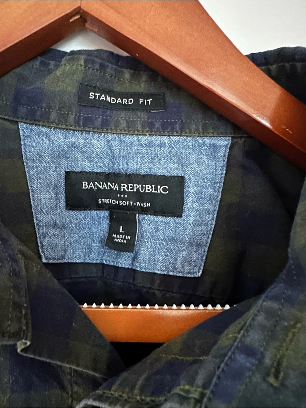 Banana Republic Men's Green and Navy Check Button-Down Shirt